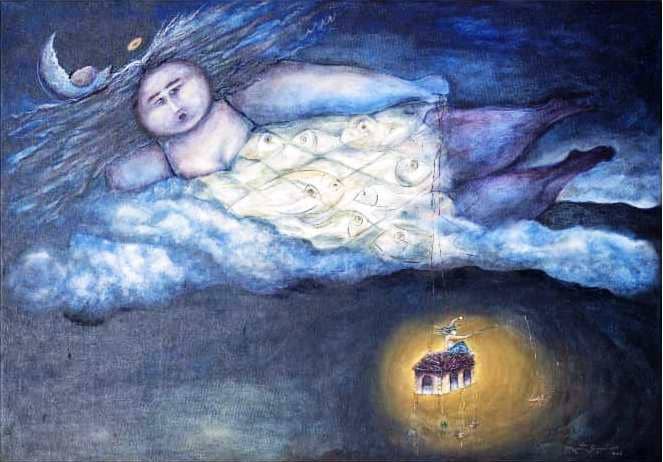 Autora: Martha Petrona Jiménez Pérez, Cuarto menguante, 2006, serie: Mujeres que vuelan, acrílico sobre lienzo, (83 cm x 117 cm).
